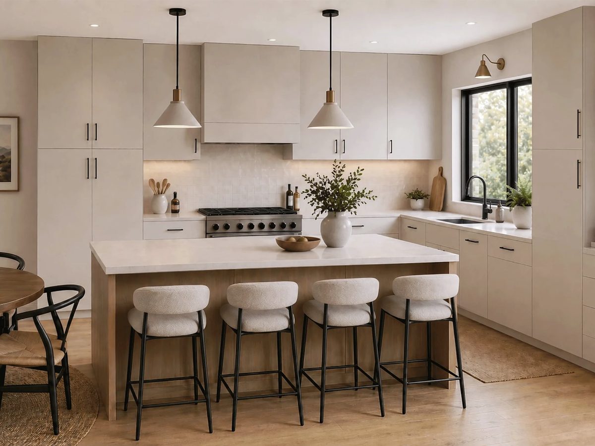 NOMA Cabinetry kitchen in warm off-white with a plaster hood and natural oak island — manufacturer photo