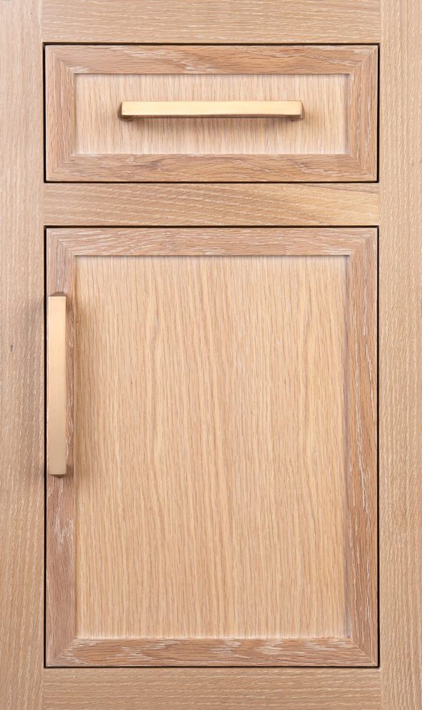 Plain & Fancy Millbrook II cabinet door in flush inset · Rift Cut Wht Oak · Montane · Matte — photographed by Plain & Fancy