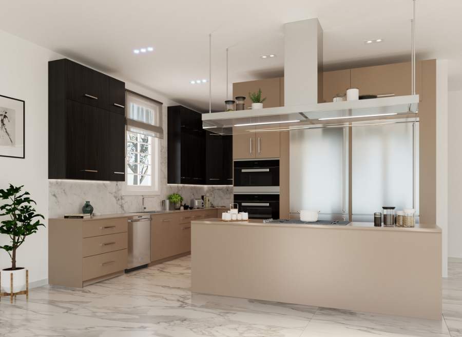 Adornus beige and black kitchen with a marble backsplash — manufacturer photo