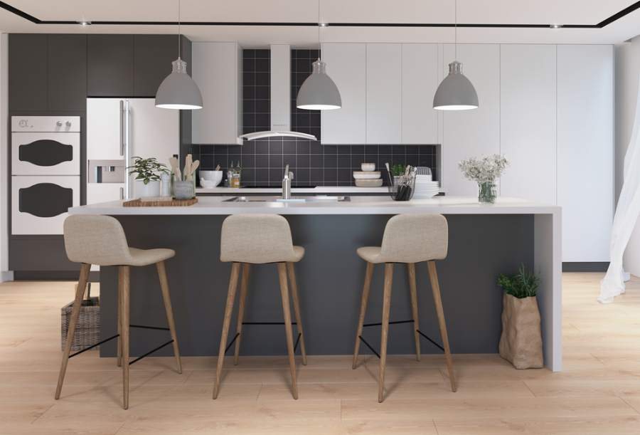 Adornus Lava Grey and Sunny White kitchen with a black tile backsplash — manufacturer photo