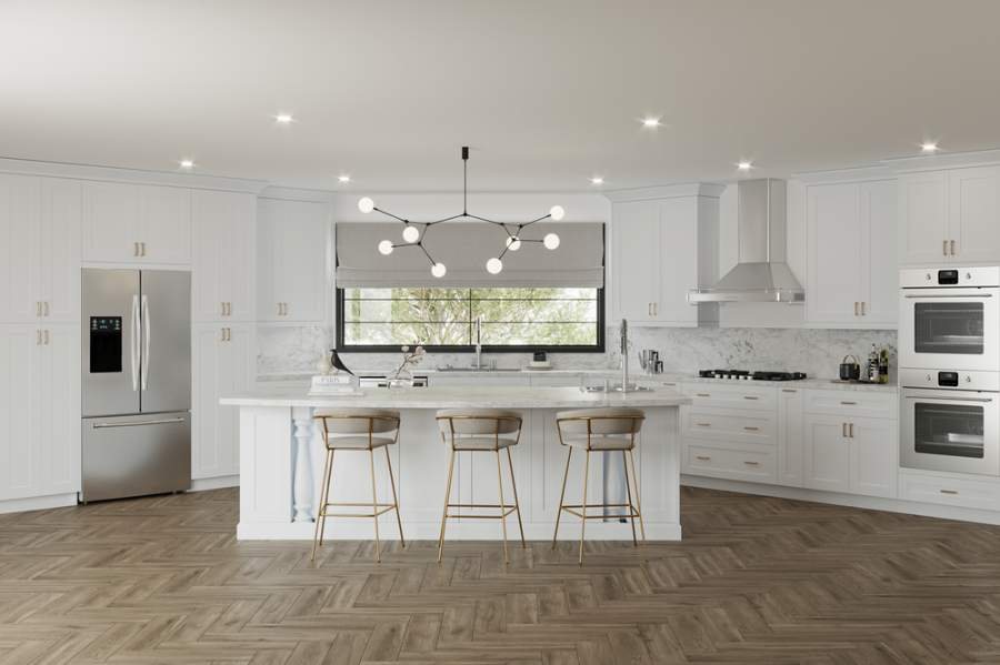 Adornus Hampton white kitchen with a black window — manufacturer photo
