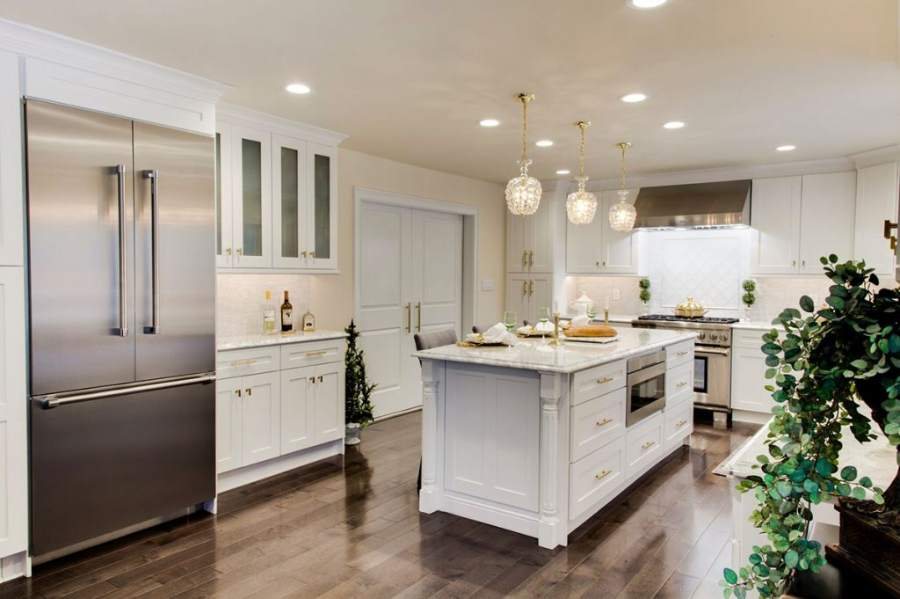21st Century Dove White shaker kitchen with a white island — manufacturer photo