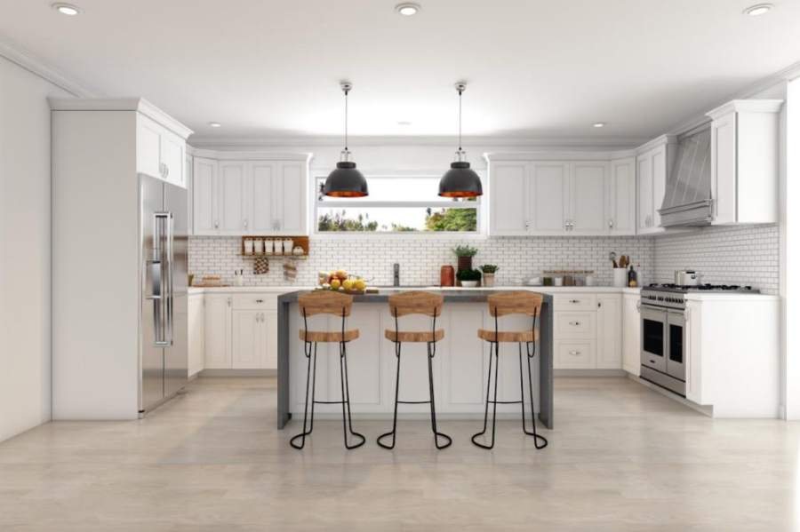 21st Century Glacier white shaker kitchen with an island and bar stools — manufacturer photo