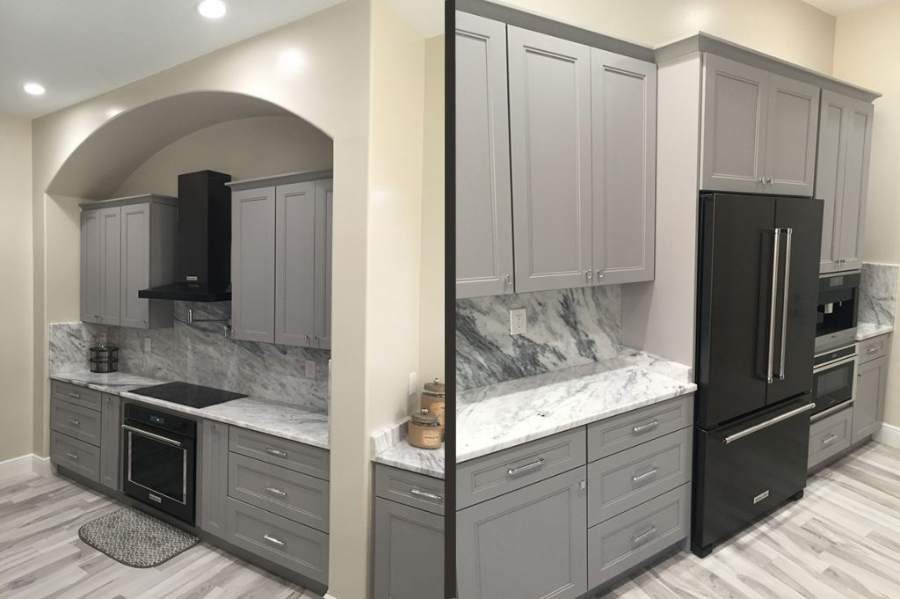 21st Century Sterling grey kitchen with a marble-look backsplash — manufacturer photo
