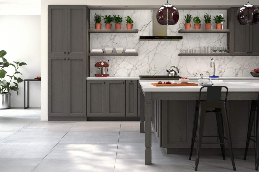 Forevermark dark grey kitchen with open shelving — manufacturer photo
