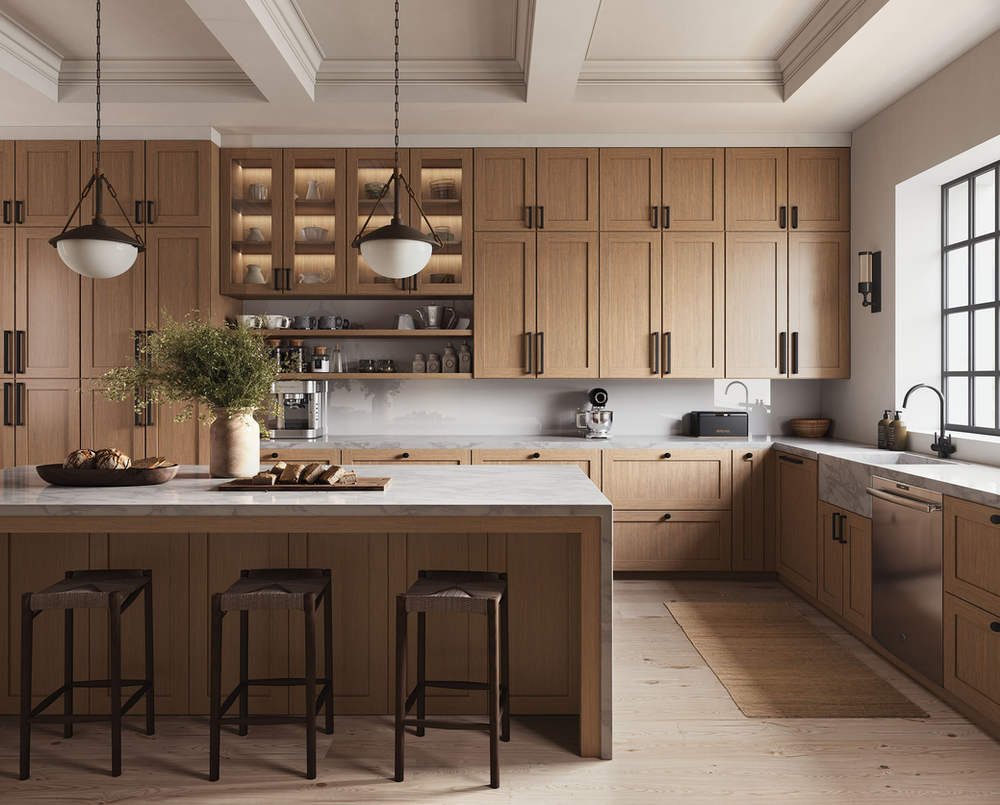 Forevermark brown shaker kitchen with glass uppers — manufacturer photo