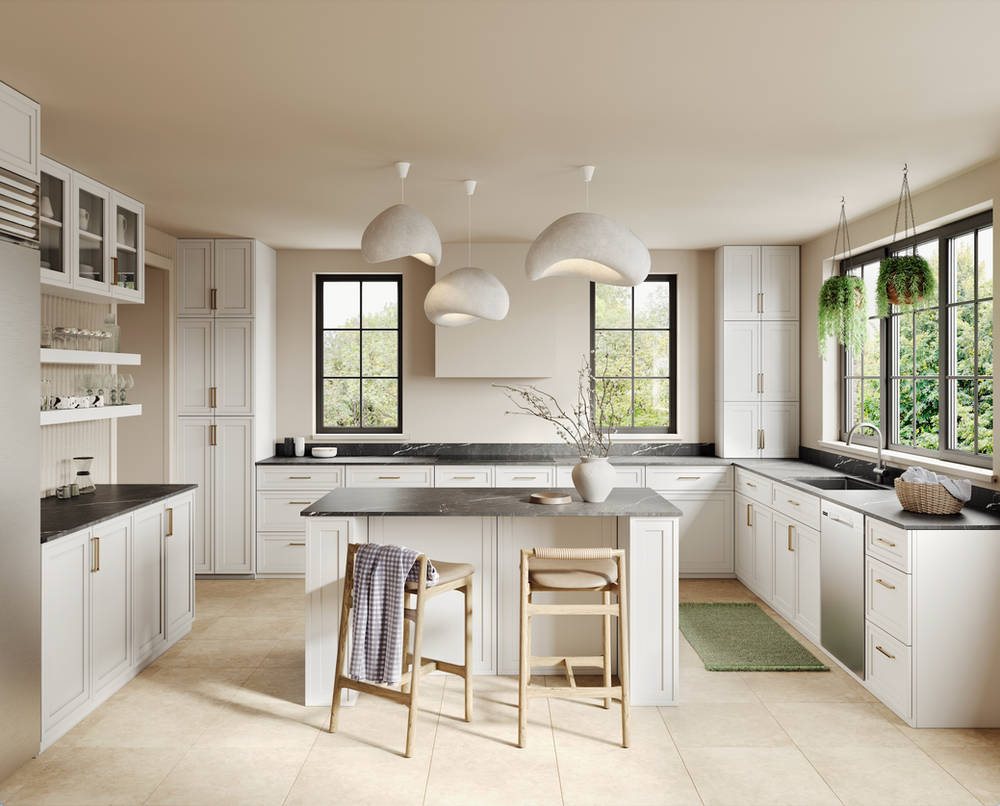 Forevermark white kitchen with a grey island and pendant lights — manufacturer photo