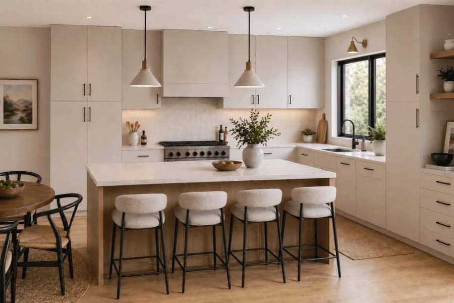 NOMA kitchen in warm white with a slab-door island — manufacturer photo