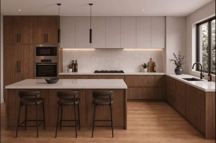 NOMA walnut-tone slab kitchen with a white island — manufacturer photo