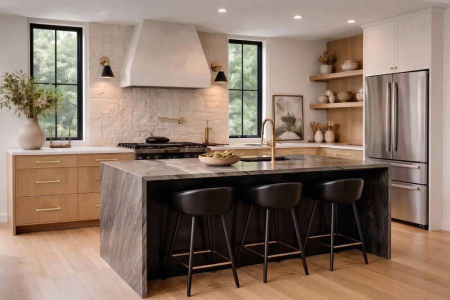 NOMA light oak kitchen with a black island — manufacturer photo