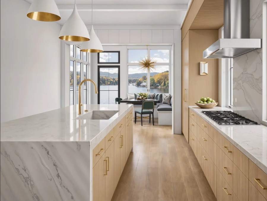 NOMA white oak kitchen with a marble-look waterfall island — manufacturer photo