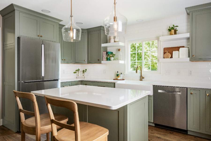 Evergreen Fog on maple, flush inset New Haven door — Shiloh photo