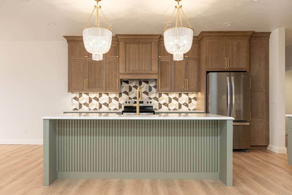 Evergreen Fog island on maple with a slatted back panel — Shiloh photo
