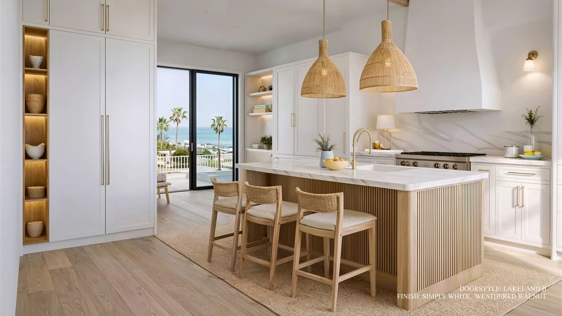 St. Martin Coastal kitchen in Simply White with Weathered Walnut — manufacturer photo