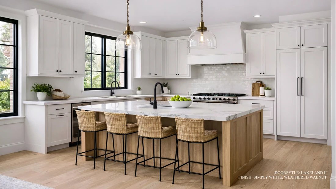St. Martin Modern Farmhouse kitchen in Simply White with Weathered Walnut — manufacturer photo
