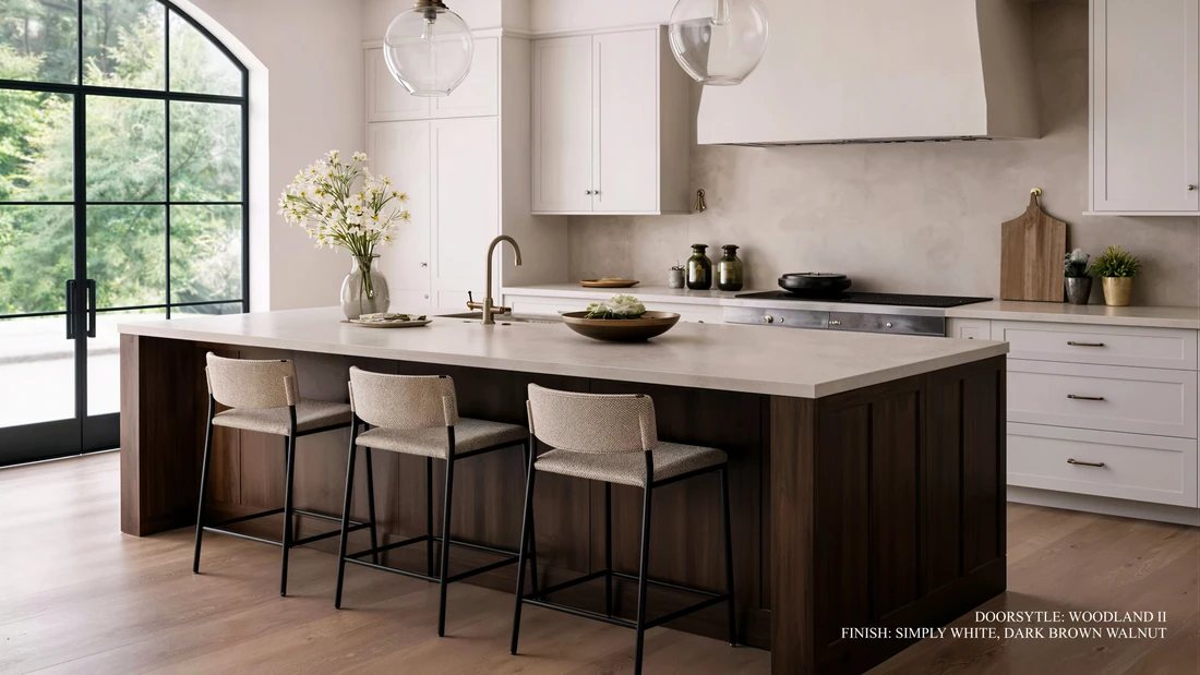 St. Martin Organic Modern kitchen in Simply White with dark brown walnut — manufacturer photo
