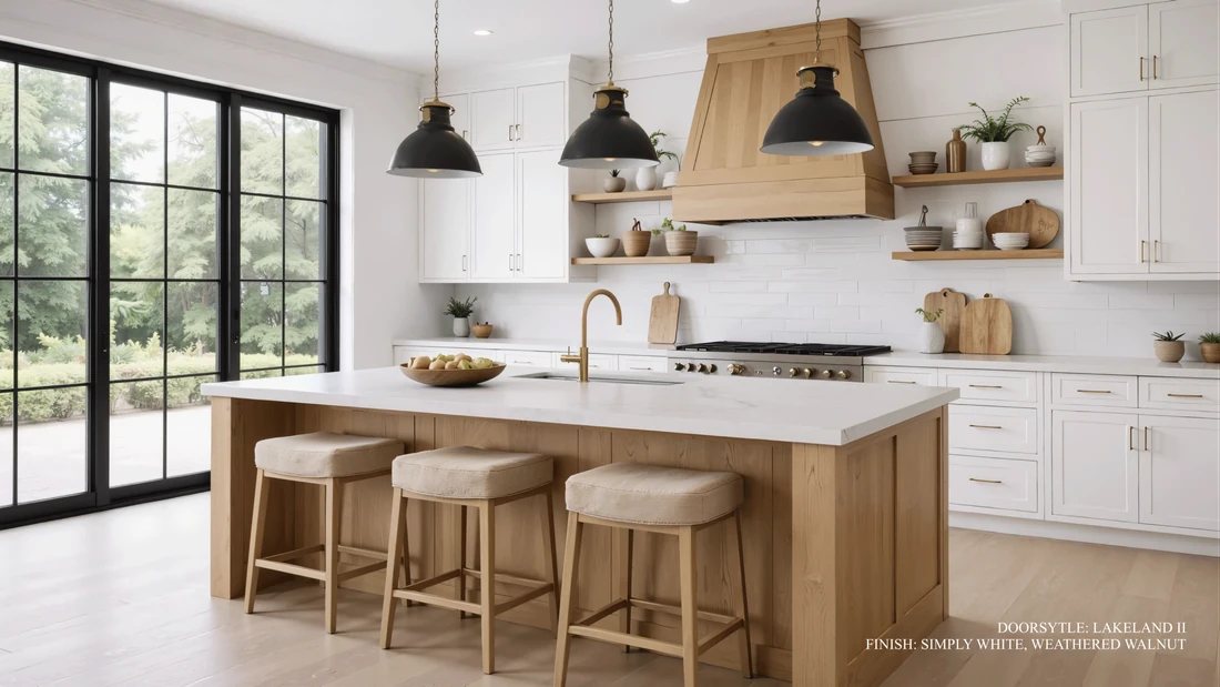 St. Martin Refined kitchen in Simply White with Weathered Walnut — manufacturer photo
