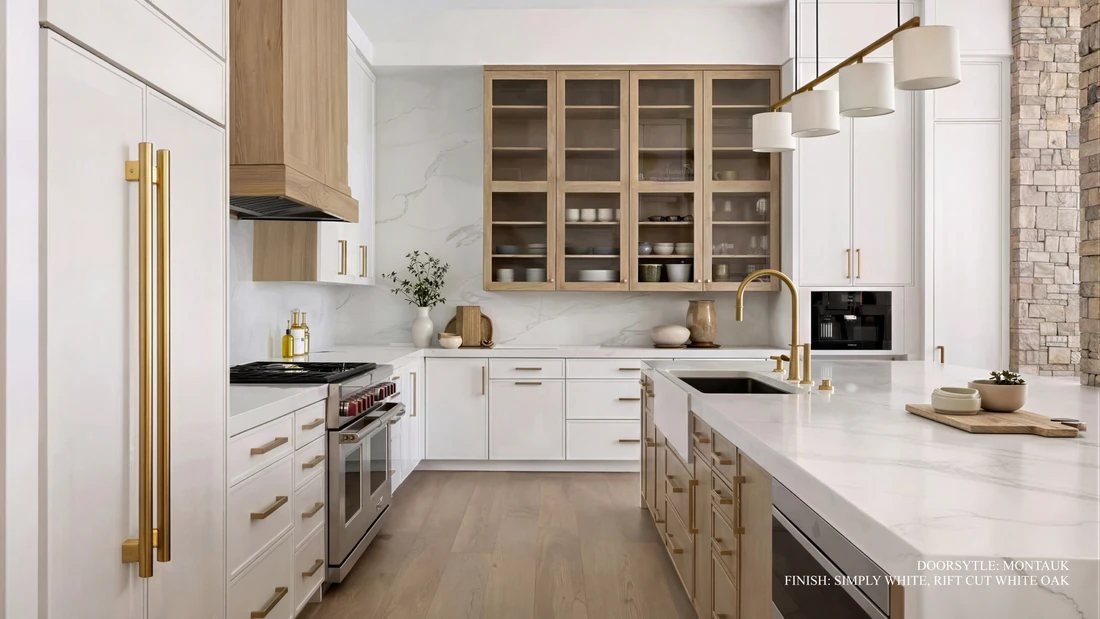 St. Martin Warm Contemporary kitchen in Simply White with rift-cut white oak — manufacturer photo