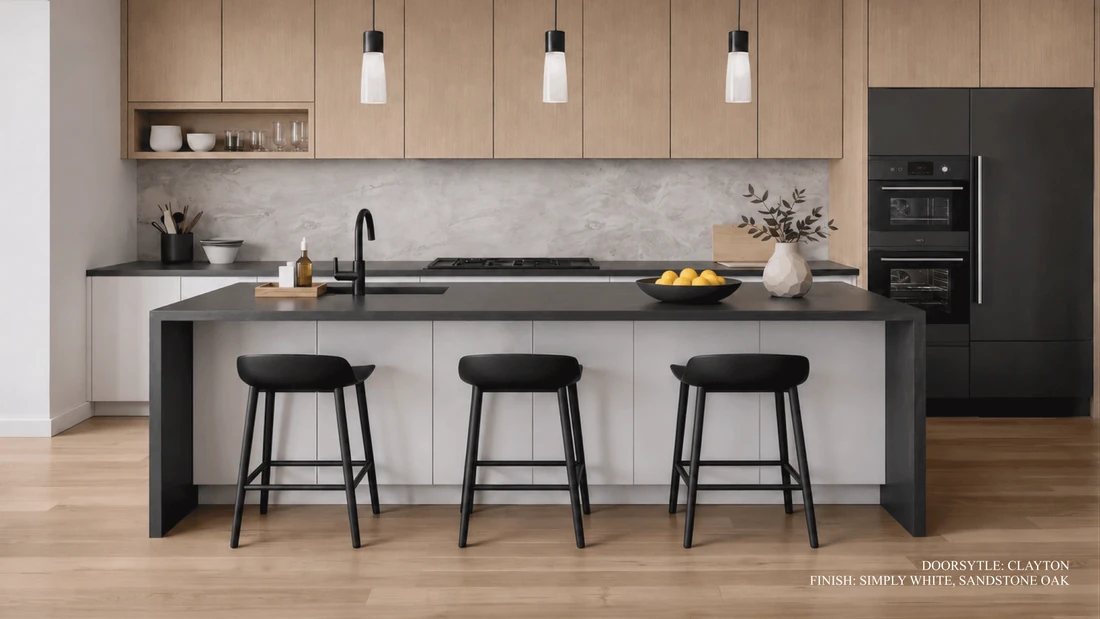 St. Martin Warm Contemporary kitchen in Simply White with Sandstone Oak — manufacturer photo
