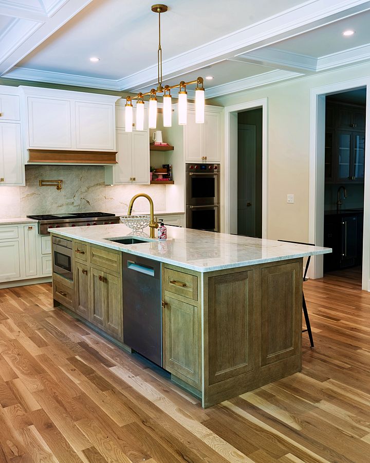 Flush-inset Polar kitchen with rift oak island under a coffered ceiling