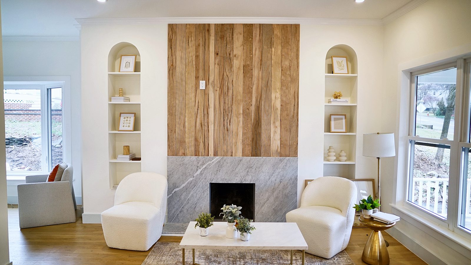 Oak slab fireplace wall with arched niches