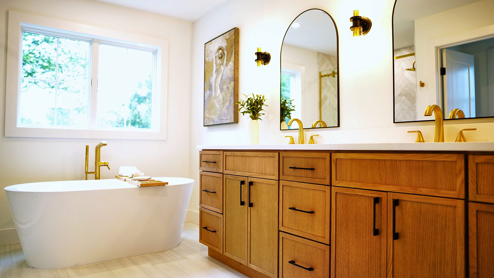 Timber double vanity with arched mirrors and a freestanding tub, Cranford NJ