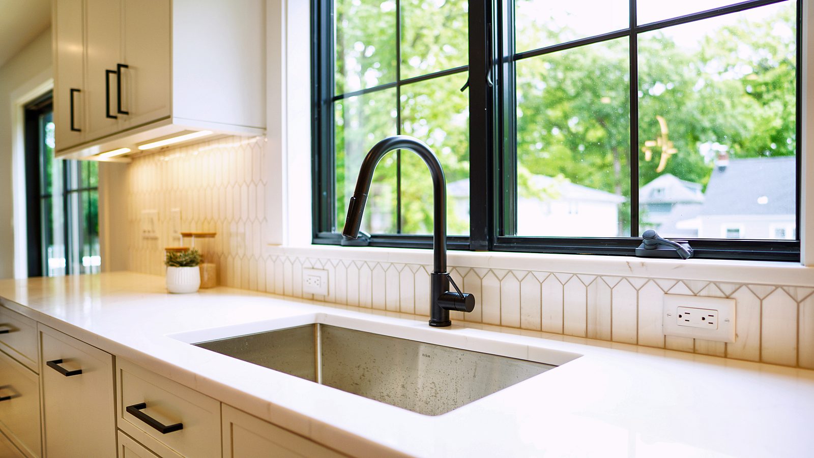 Black faucet and black-framed window