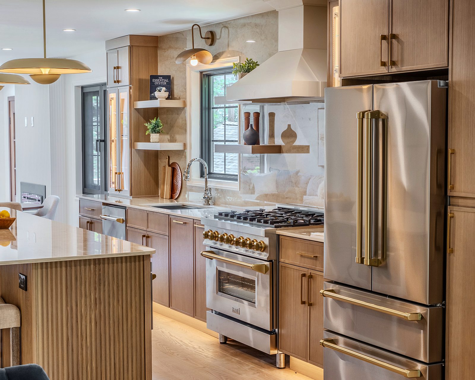 Fluted island end, range and stainless refrigerator