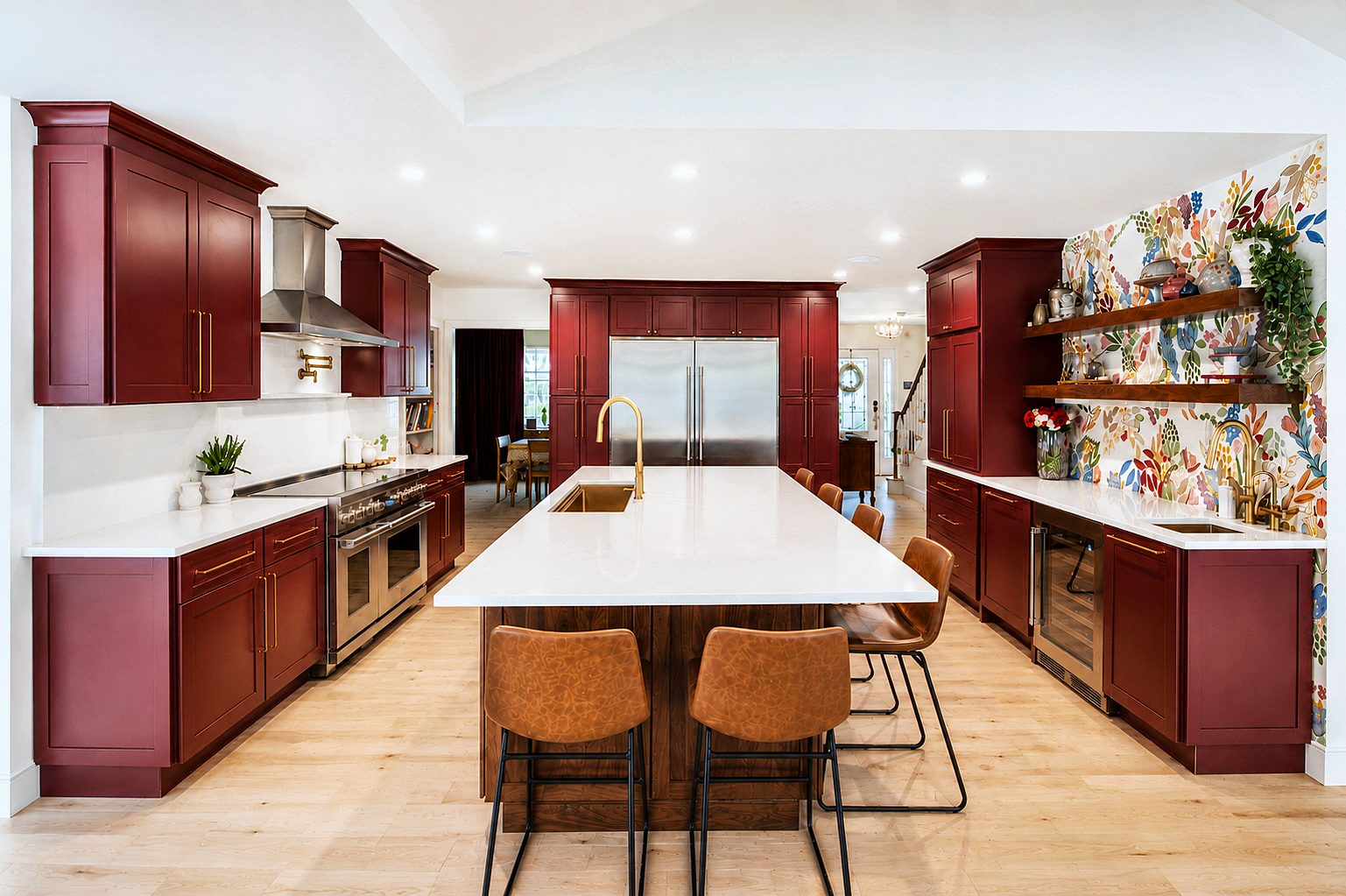 Red Fabuwood Galaxy shaker kitchen with a walnut island and brass pendants, Maplewood NJ