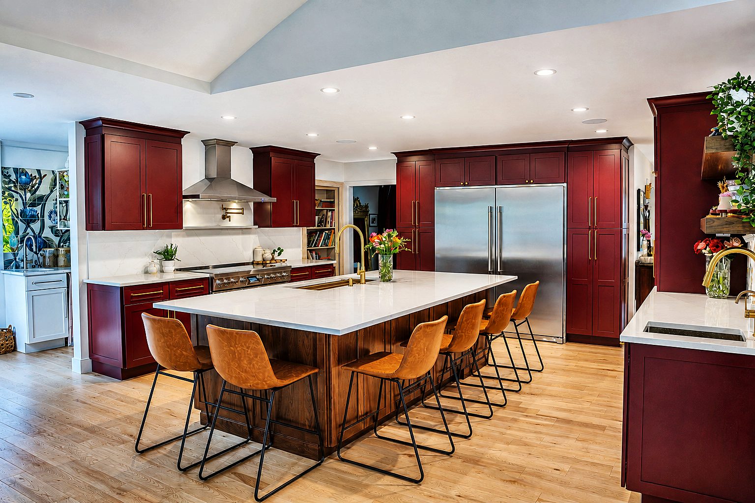 Walnut Rye island with seating for six under a tray ceiling