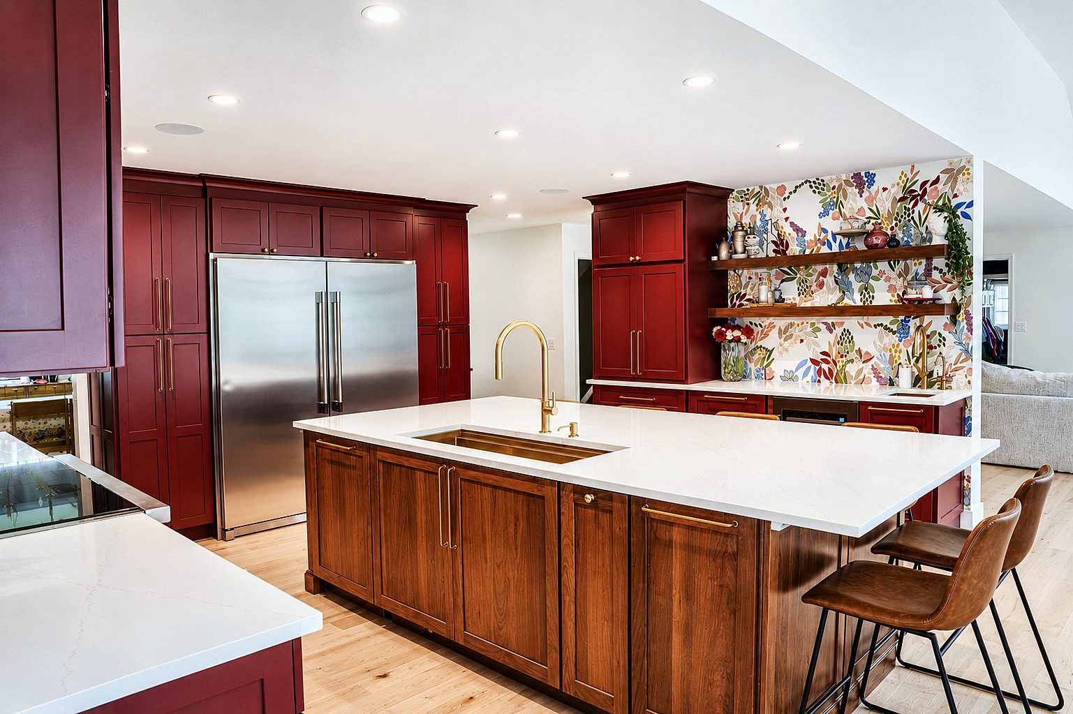 Shiloh Hanover walnut island with prep sink and brass faucet