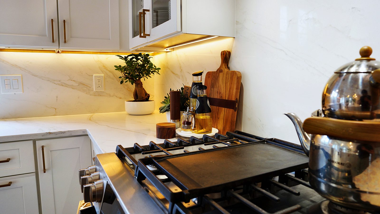 Range with quartz backsplash and under-cabinet lighting