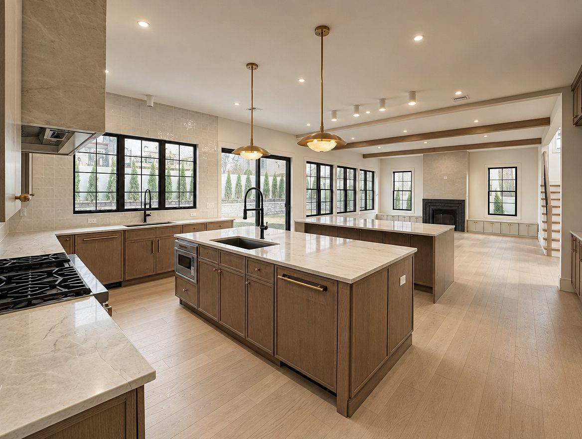 Walnut island with a sink, black faucet and brass pendants, open to a living area with a fireplace — custom thin-shaker kitchen, Paramus, NJ