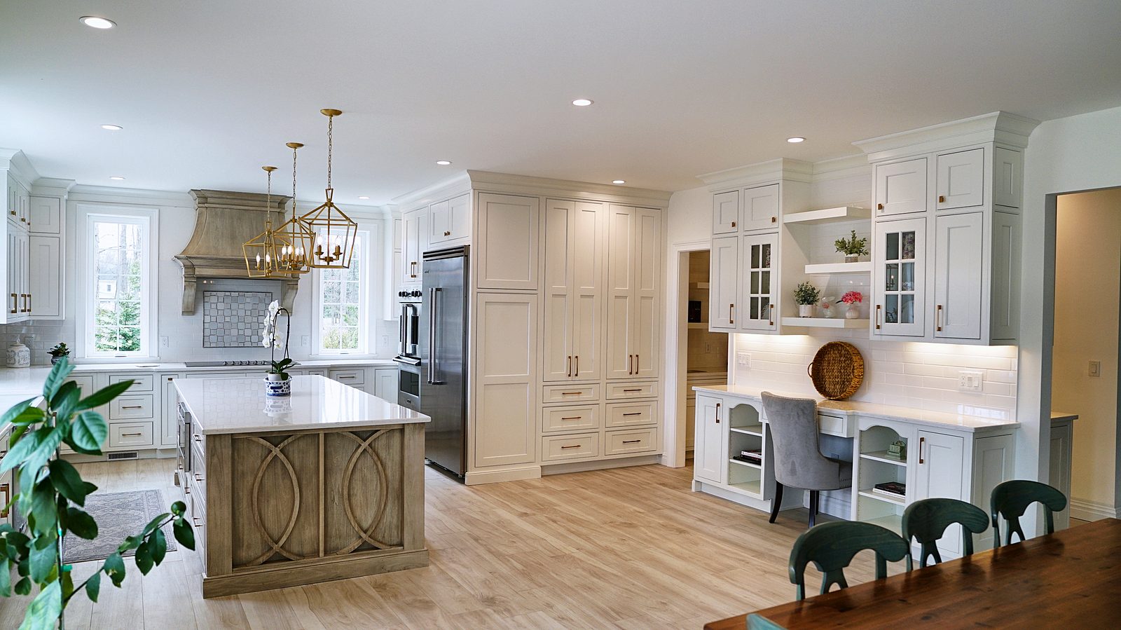 The whole room: island, hood wall, hutch and dining table