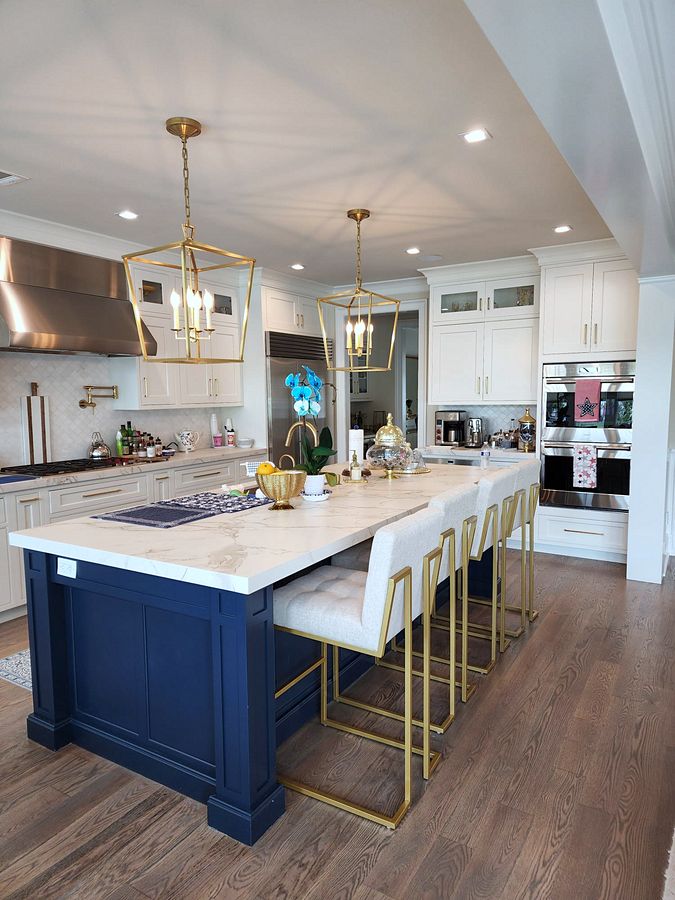Project 145: Shiloh inset kitchen with stacked white uppers and a navy island