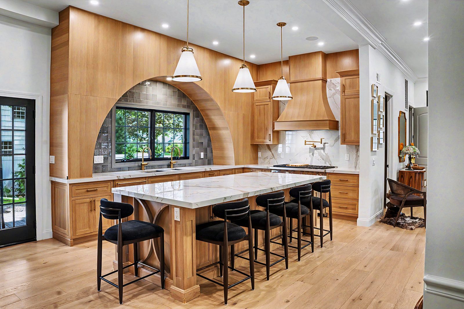 Ten-foot white oak island with seating for four