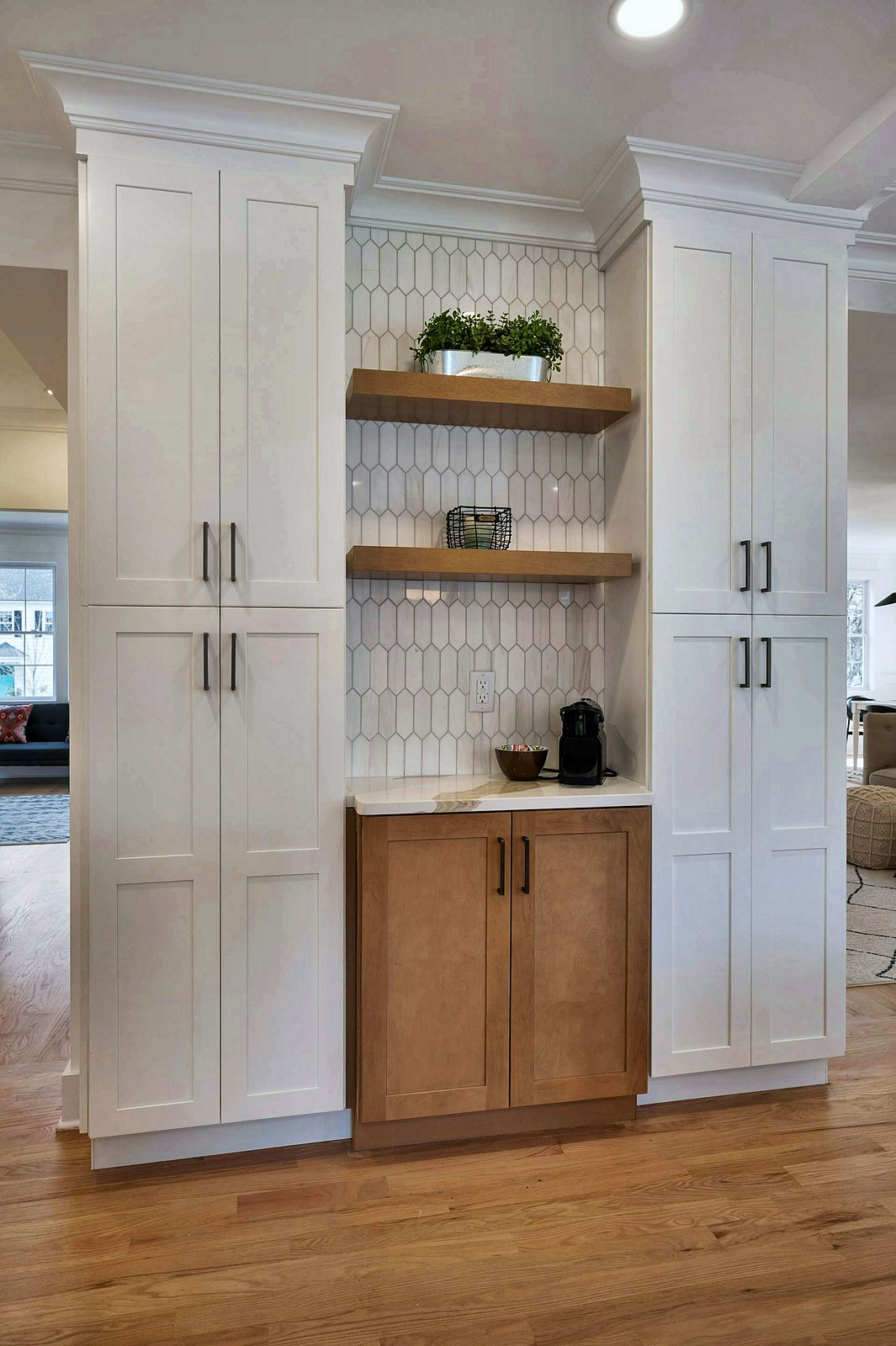 Bar with glass uppers and wine refrigerator