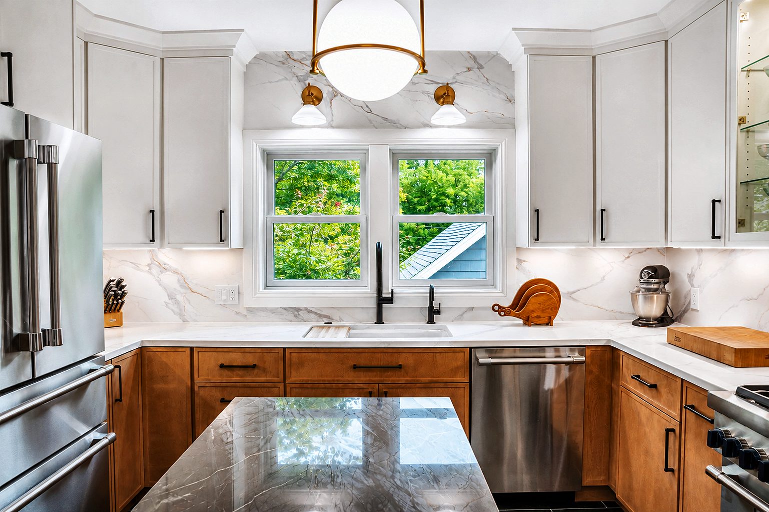 Window wall with black faucet and stained bases