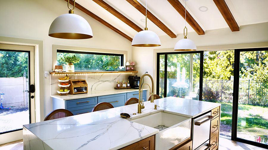 Fabuwood Ocean Blue kitchen with a Timber island