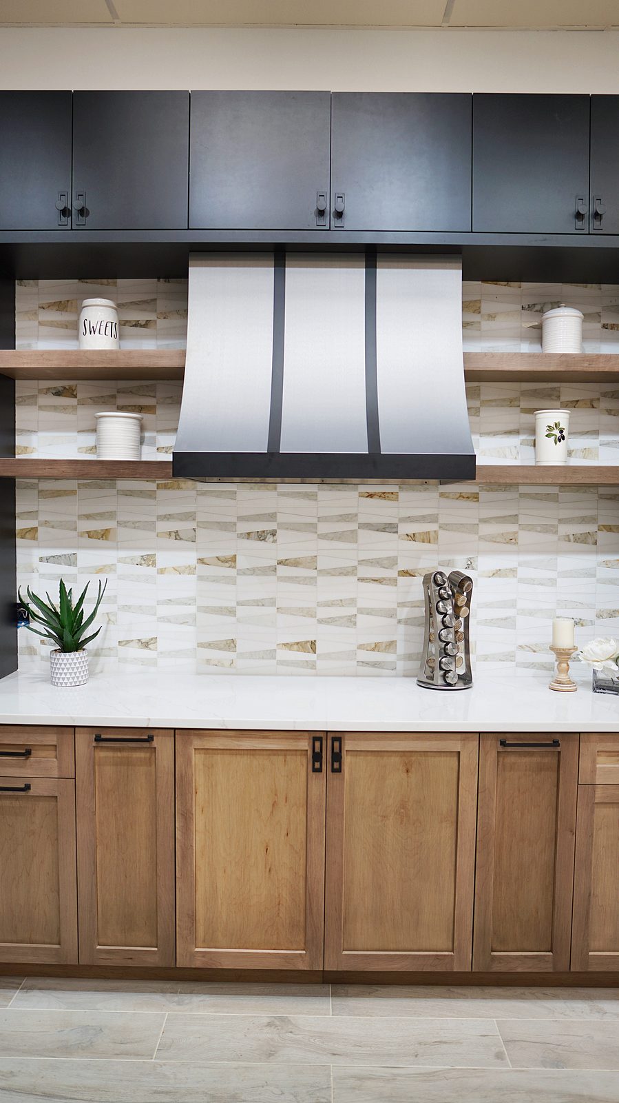 Charcoal and oak display with white hood