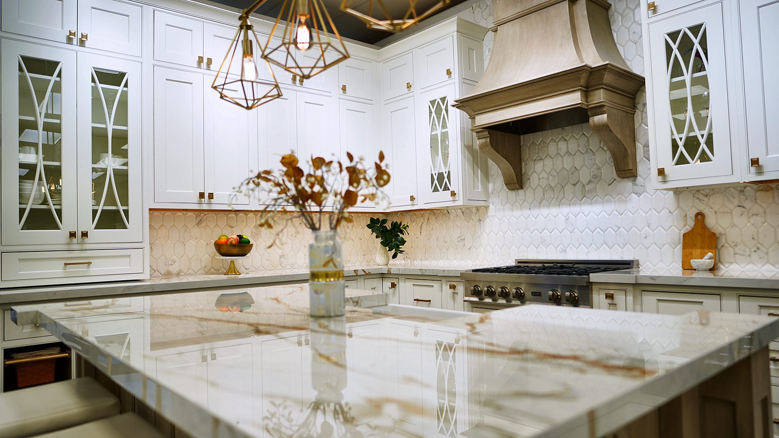 Kitchen display at My House Kitchen — Quartzite island and white inset display