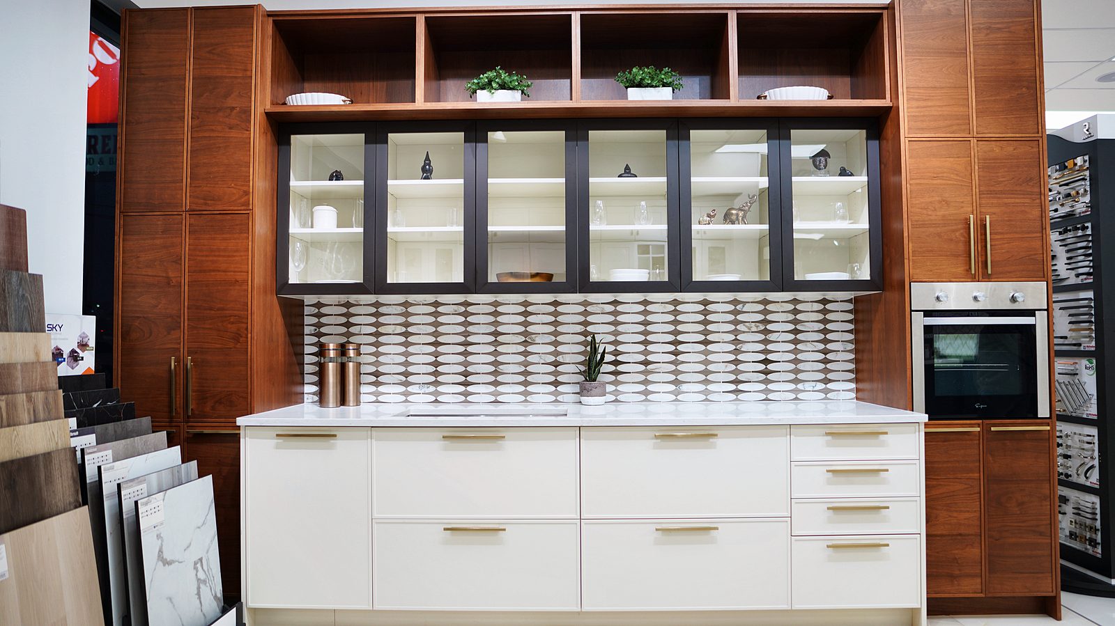 Kitchen display at My House Kitchen — Walnut and white slab display