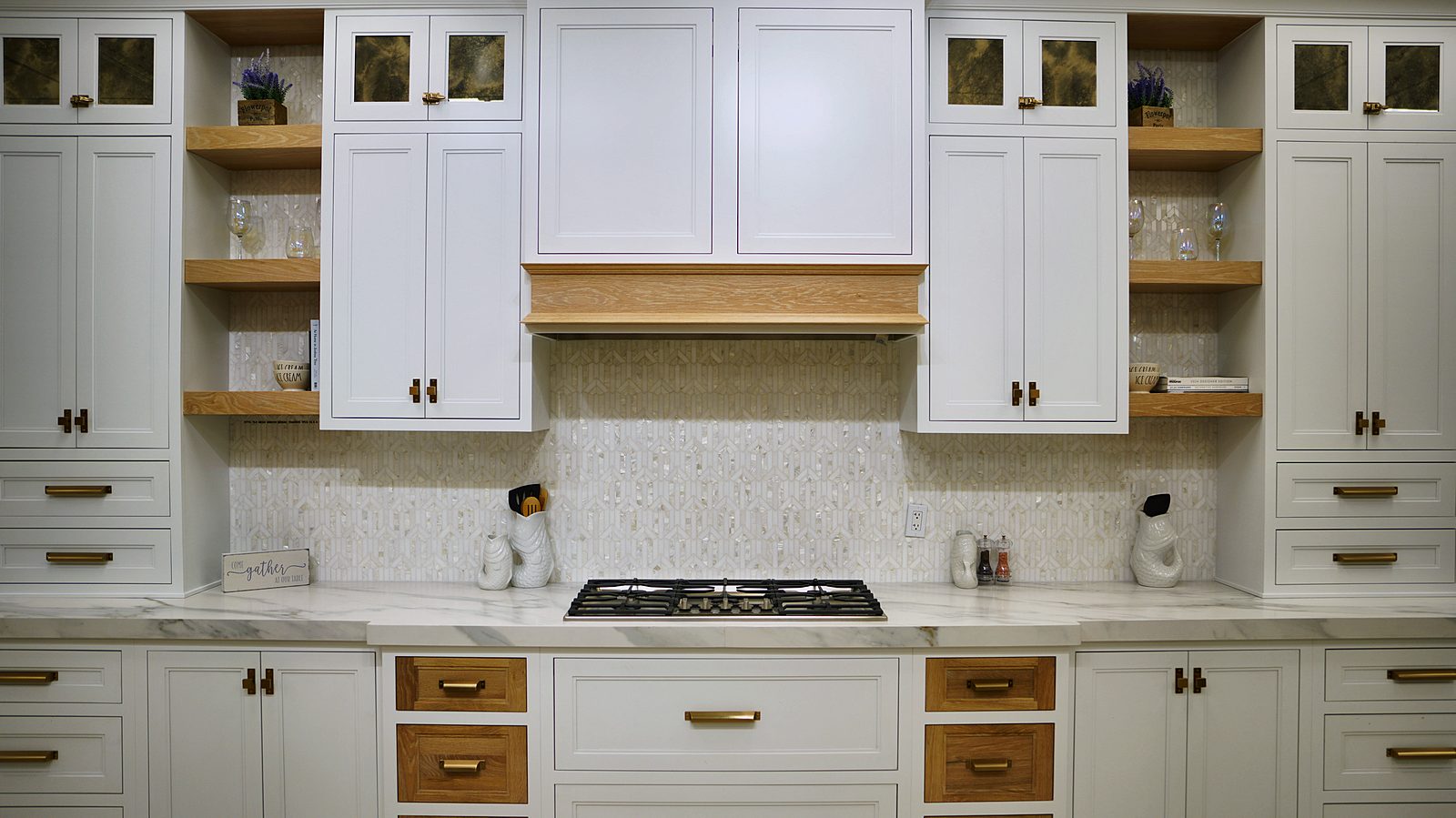 Kitchen display at My House Kitchen — White and oak inset display