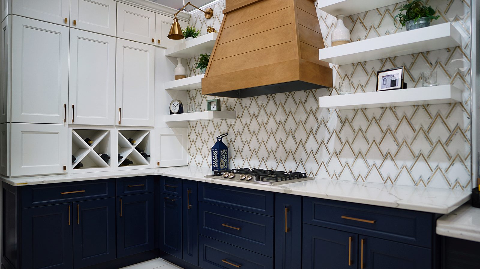 Kitchen display at My House Kitchen — Navy and white display with oak hood