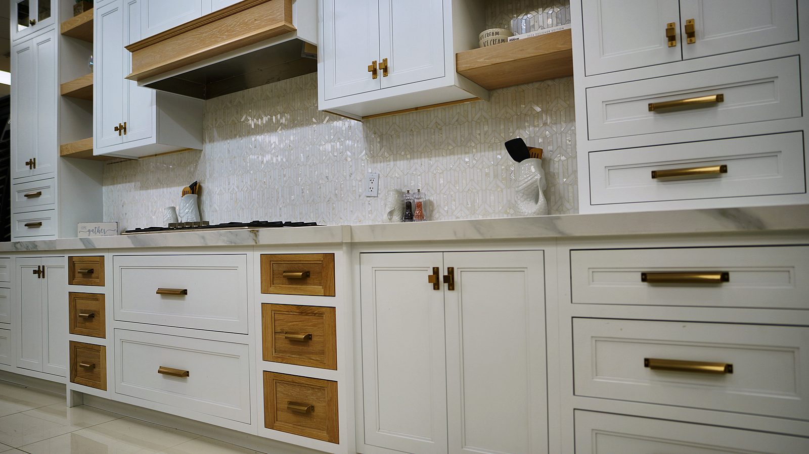 Kitchen display at My House Kitchen — White inset display with oak drawers